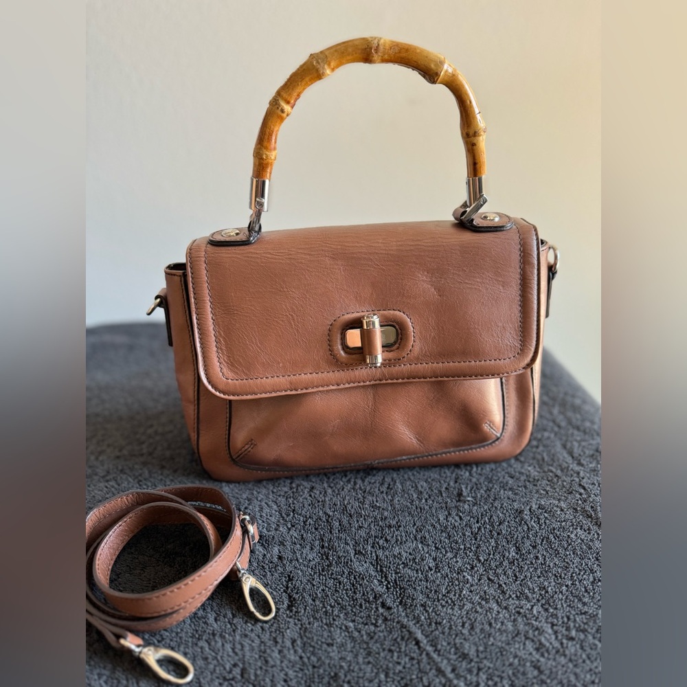 Brown Leather Purse, Bamboo Handle